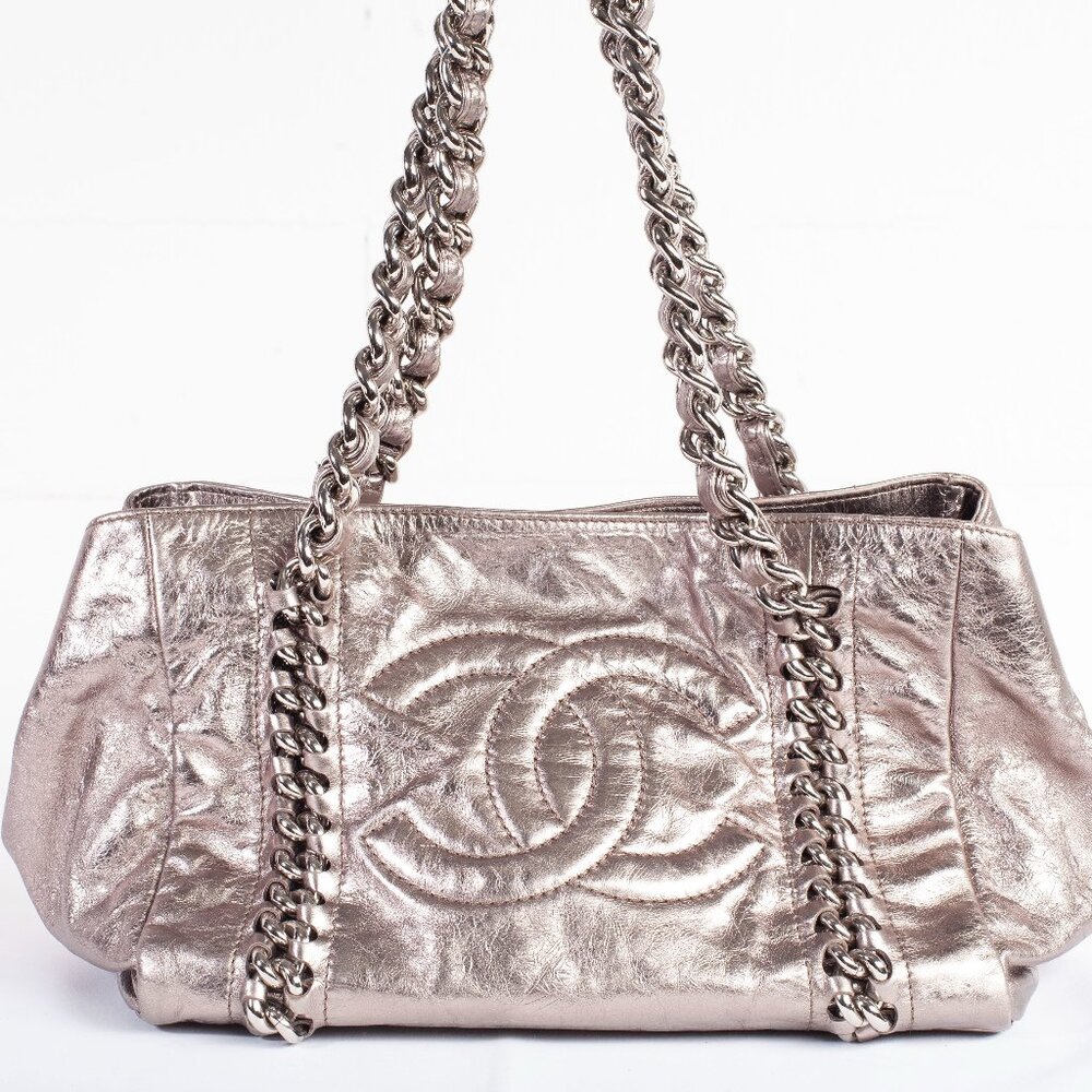 Authentic Chanel Silver Glazed Calfskin East West Modern Chain Tote